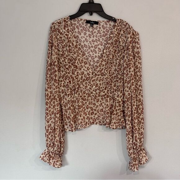 Lulu’s | Women’s Ivory Brown Sheer Blush Animal Print Long Sleeve Blouse Size M - Picture 3 of 16